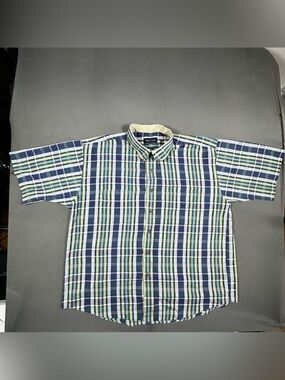 Van Heusen Men's Large Wrinkle Free Plaid Button Down Shirt Blue Green Plaid SS